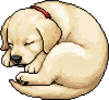 Gromit, a sleeping puppy, curled up and snoozing