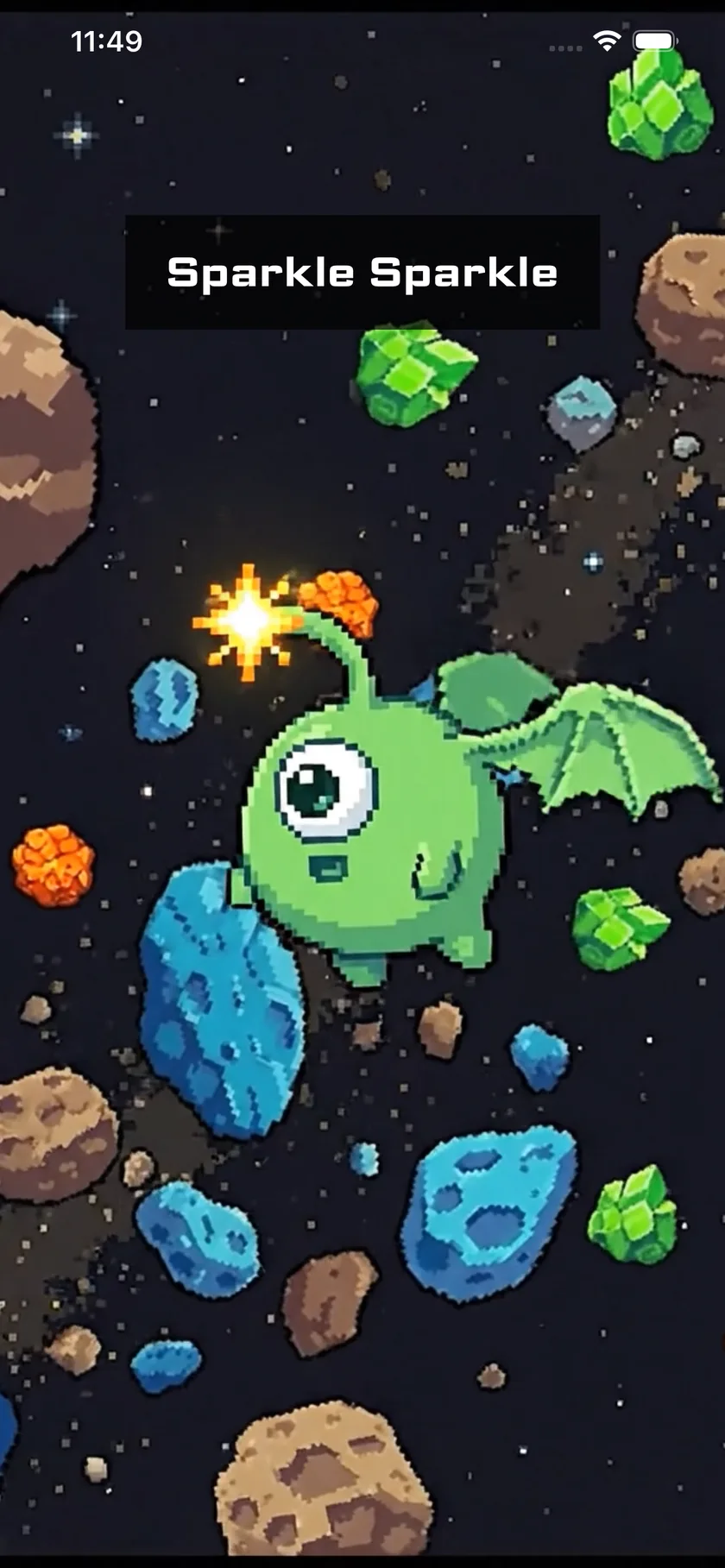 A small green one-eyed alien among the asteroids, saying Sparkle Sparkle