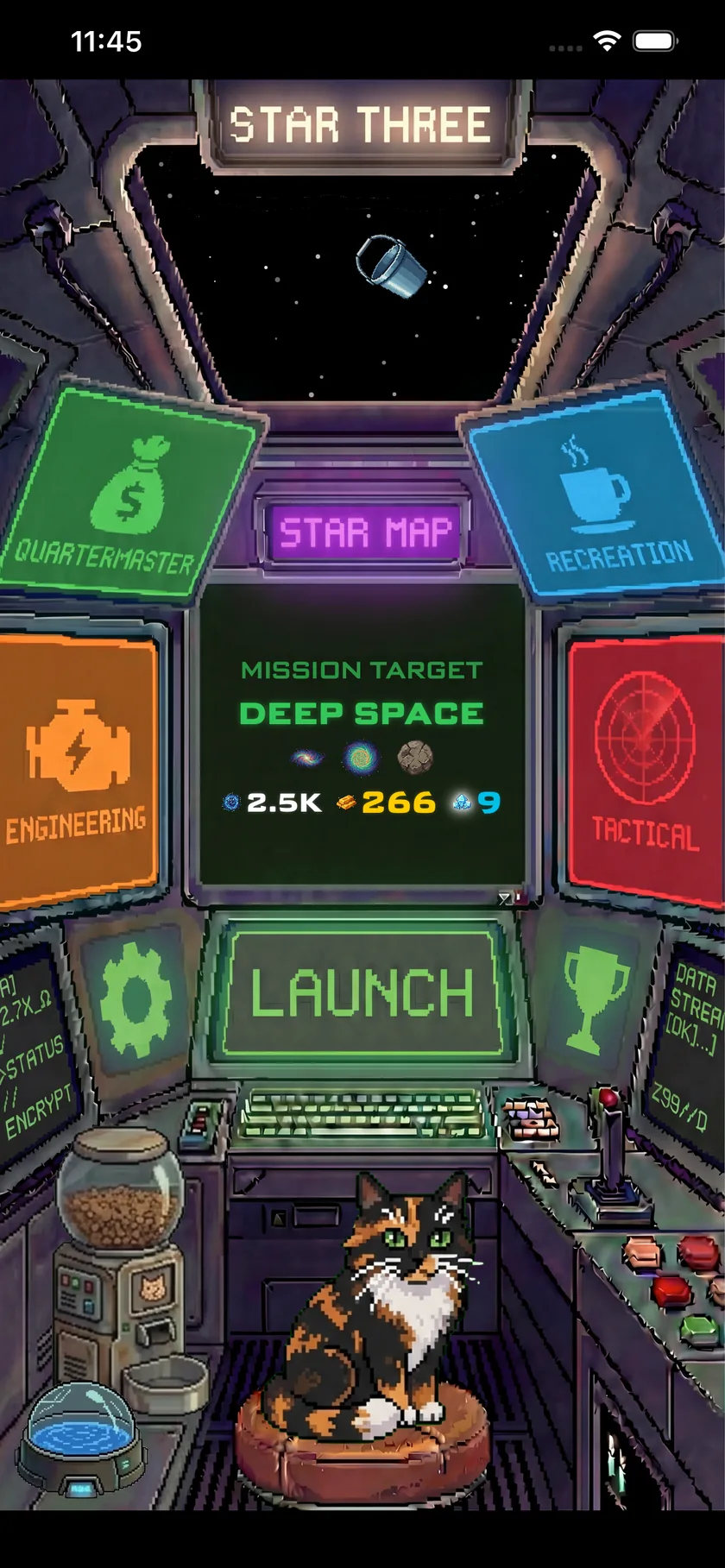 The cockpit hub with department panels, a launch button, and the cat on her cushion