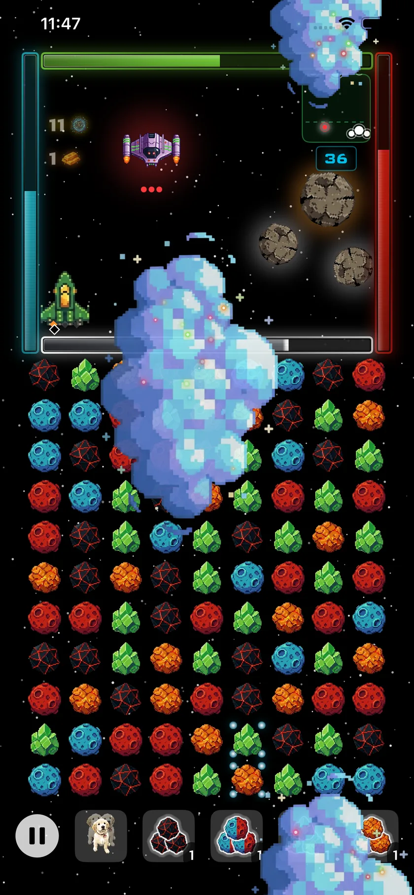 The match-3 board below the ship, with a nebula drifting across the tiles