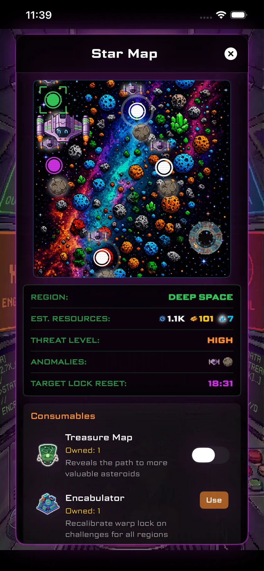 The star map, showing a region's estimated resources and threat level